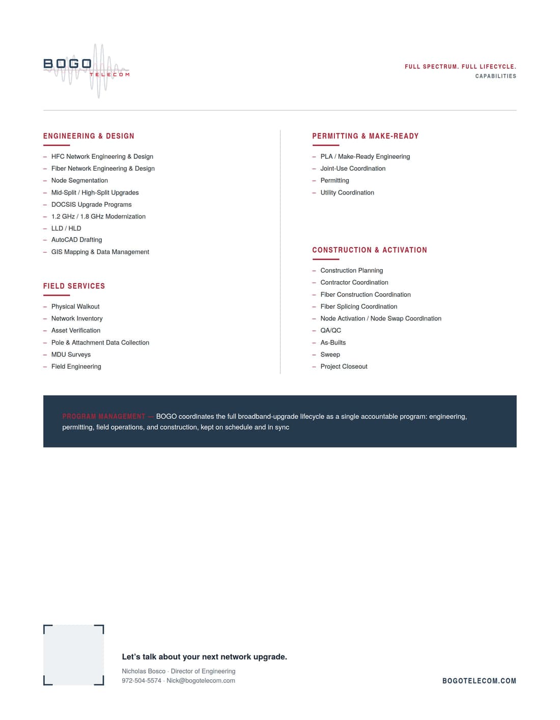 Back page of the BOGO Telecom capability statement, listing capabilities under Engineering & Design, Field Services, Permitting & Make-Ready, and Construction & Activation, with the program management summary beneath.